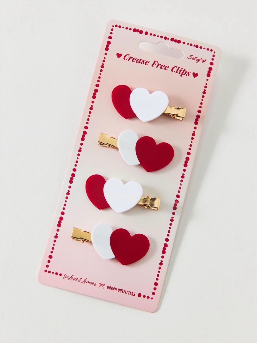 For Love & Lemons UO Exclusive Crease-Free Hair Clips Set Red & White Hearts NWT